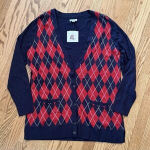 Croft & Barrow Women's Argyle Preppy Grandpa Cardigan Sweater Navy Red Large NWT